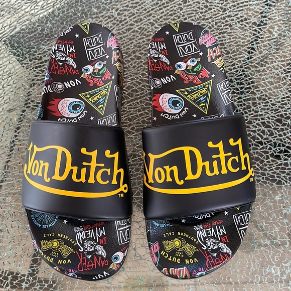VON DUTCH Black Jax Slides NWOT - Picture 1 of 8